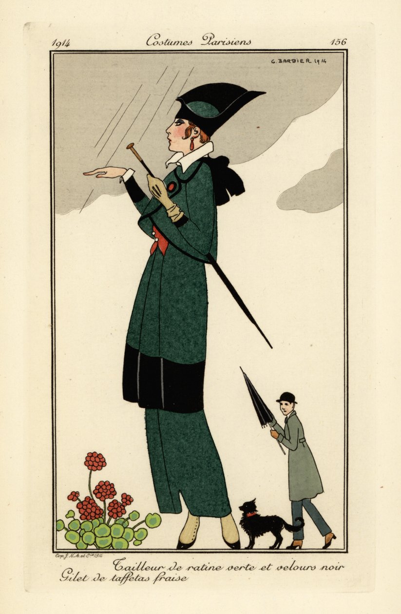 Kvinna i grön ratine och svart sammetsdräkt. av Georges Barbier