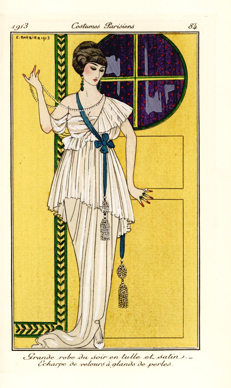 Kvinna i lyxig aftonklänning av tyll och satin, grön sammetsbåge med pärltofs. Grande robe du soir en tulle et satin, echarpe de velours at glands de perles. Handkolorerad pochoir (stencil) etsning efter illustration av George Barbier från Tomm av Georges Barbier