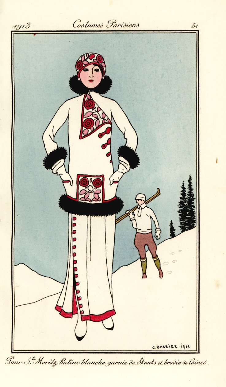 Kvinna i outfit för St. Moritz i vit fris med skunkkant och ullbroderi. Häll St. Maritz ratine blanche garnie de skunks et brodee de laine. Handfärgad pochoir (stencil) etsning efter en illustration av George Barbier från Tommaso Antongini’s av Georges Barbier