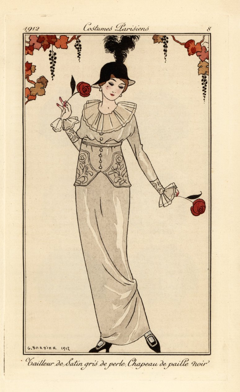 Kvinna i pärlgrå kostym och svart stråhatt. Pärlgrå satin kostym, svart stråhatt. Handfärgad pochoir (stencil) etsning efter en illustration av George Barbier från Tommaso Antonginis Journal des Dames et des Modes, Aux Bureaux du Jo av Georges Barbier