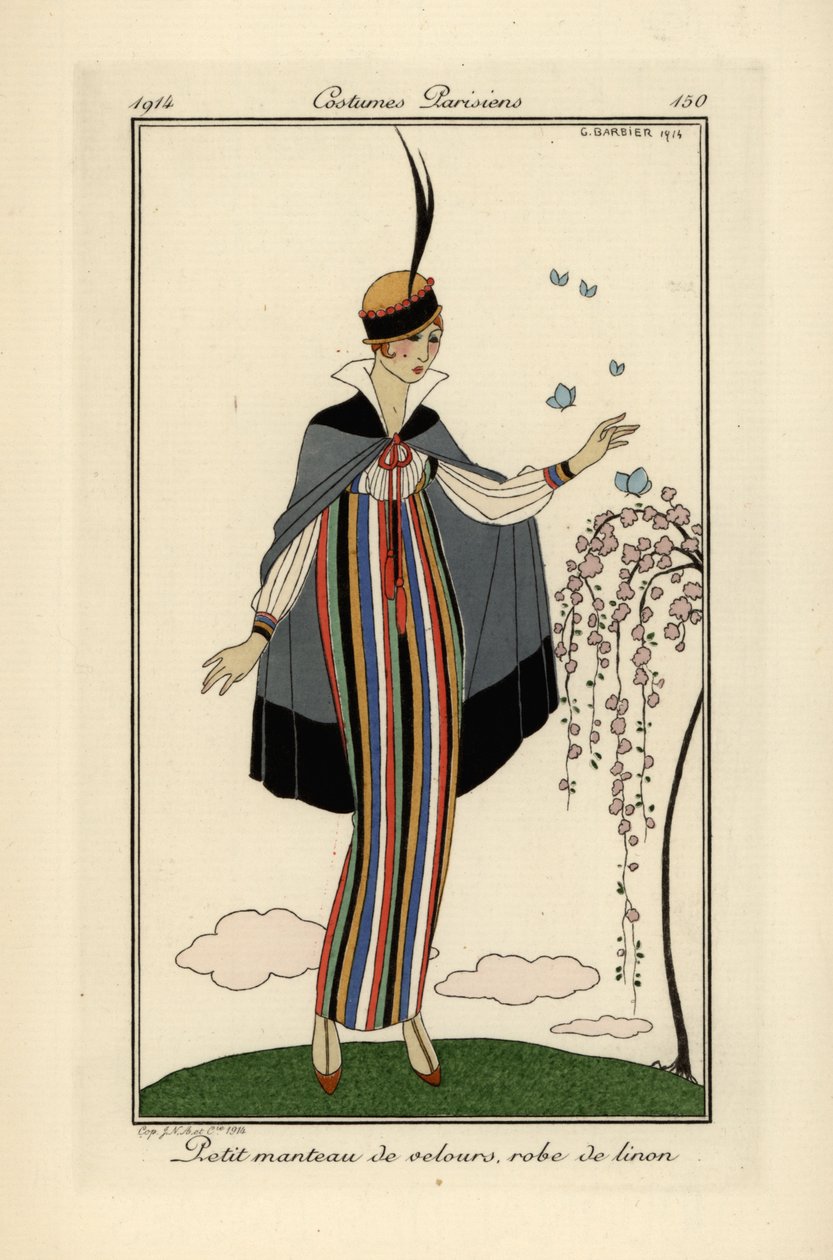 Kvinna i randig linneklänning med kort sammetsrock. av Georges Barbier
