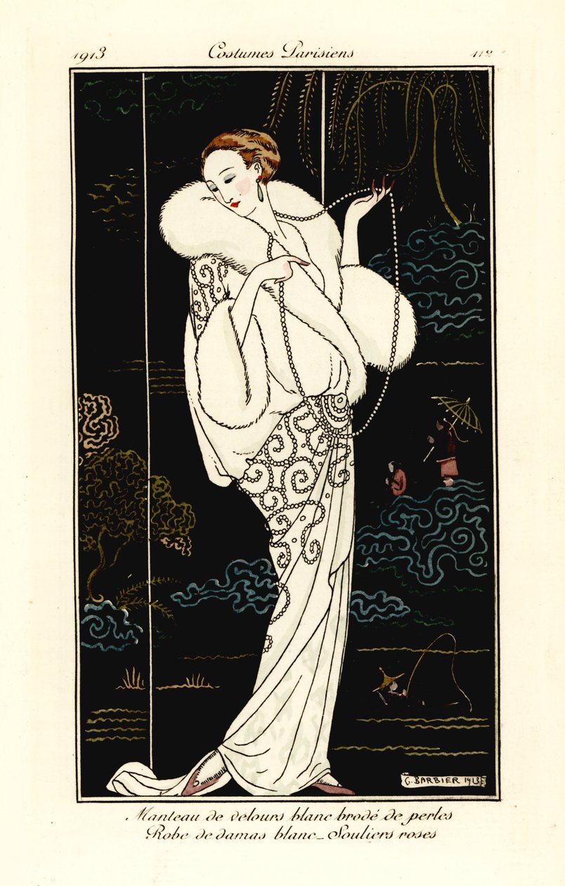 Kvinna i sammetscap, damastklänning och rosa tofflor. av Georges Barbier