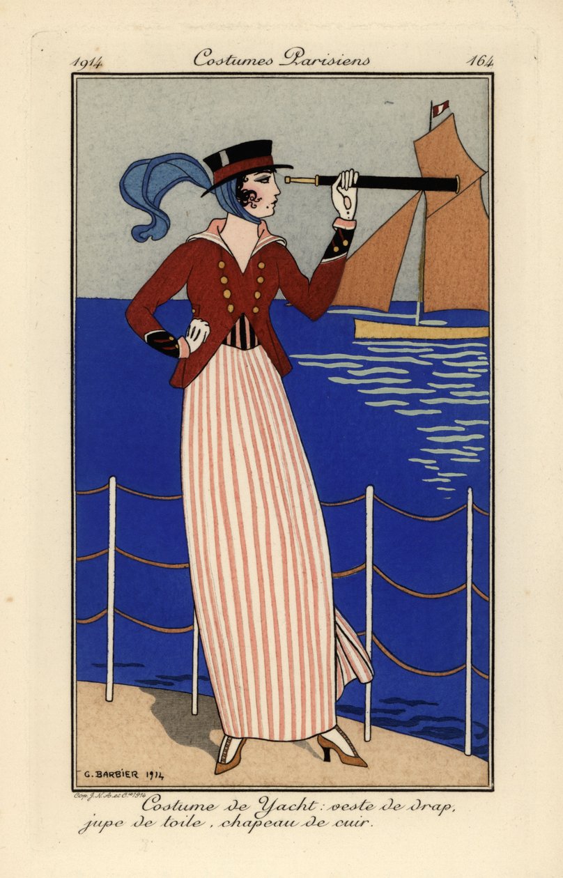 Kvinna i seglingsdräkt som håller ett teleskop. av Georges Barbier