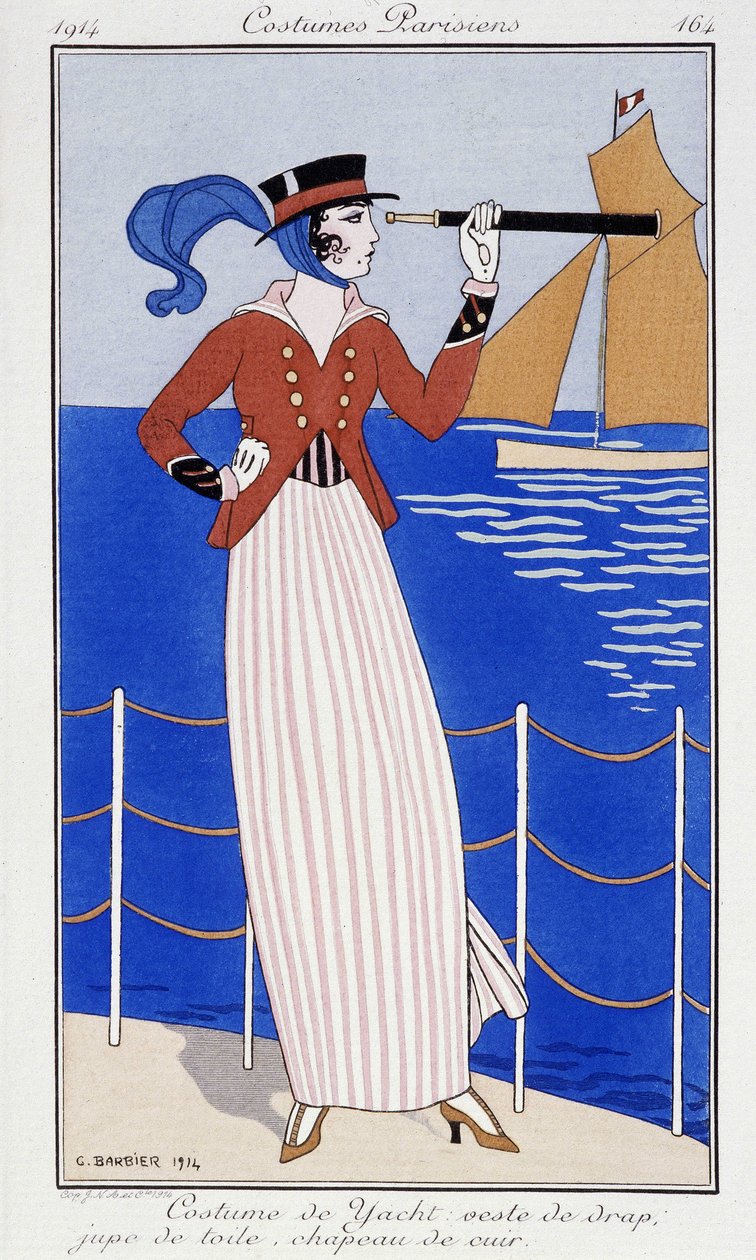 Kvinna som tittar på lång sikt, i yatch-kostym - Mode 1914 av Georges Barbier