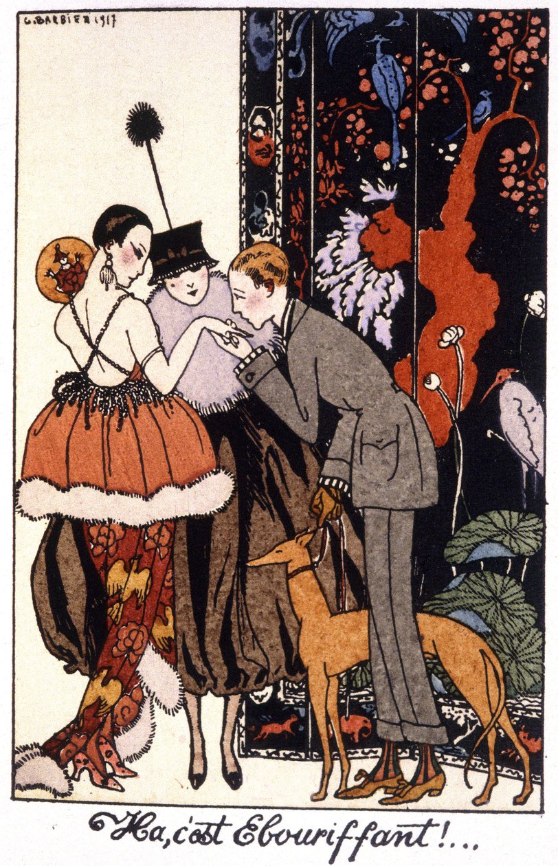 handkissing, eleganskväll i Paris, gravyr 1917 av Georges Barbier