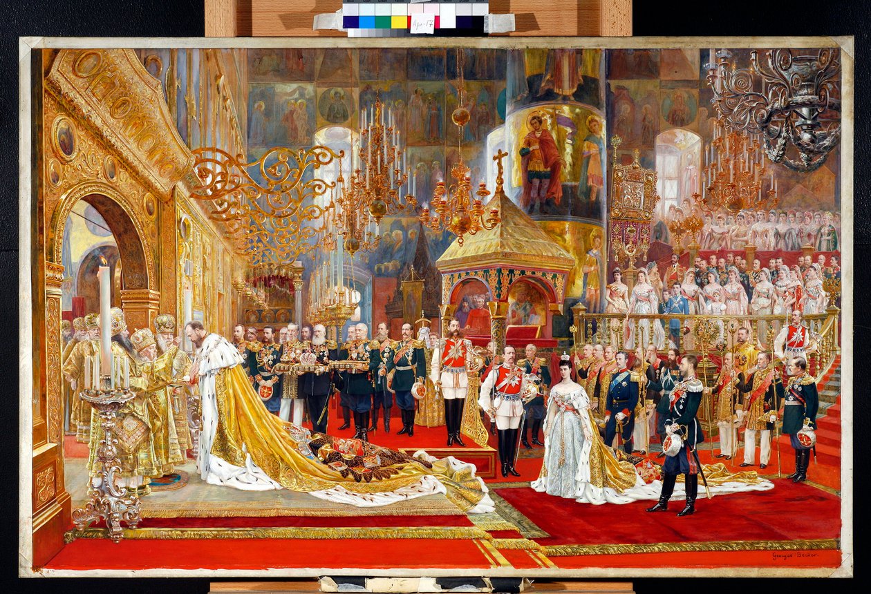 Kröning av tsar Alexander III av Ryssland (1845-1894) och kejsarinnan Maria Feodorovna (Dagmar av Danmark) (1847-1928) - Konstverk av Georges Becker (1845-1909) av Georges Becker