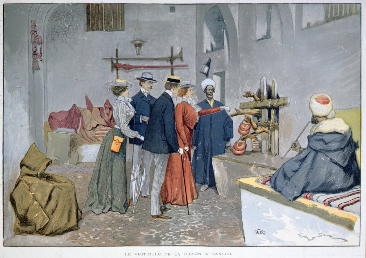 Entréhallen till fängelset i Tanger, ca 1900 (färg litho) av Georges Bertin Scott
