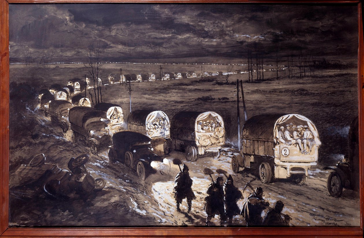 Första världskriget (1914-1918): "The Sacred Way of Verdun" Akvarell av Georges Bertin Scott (1873-1942) dit Scott de Plagnolles. Mars 1916. Sön 0,7x1,1 m Paris, musee de l