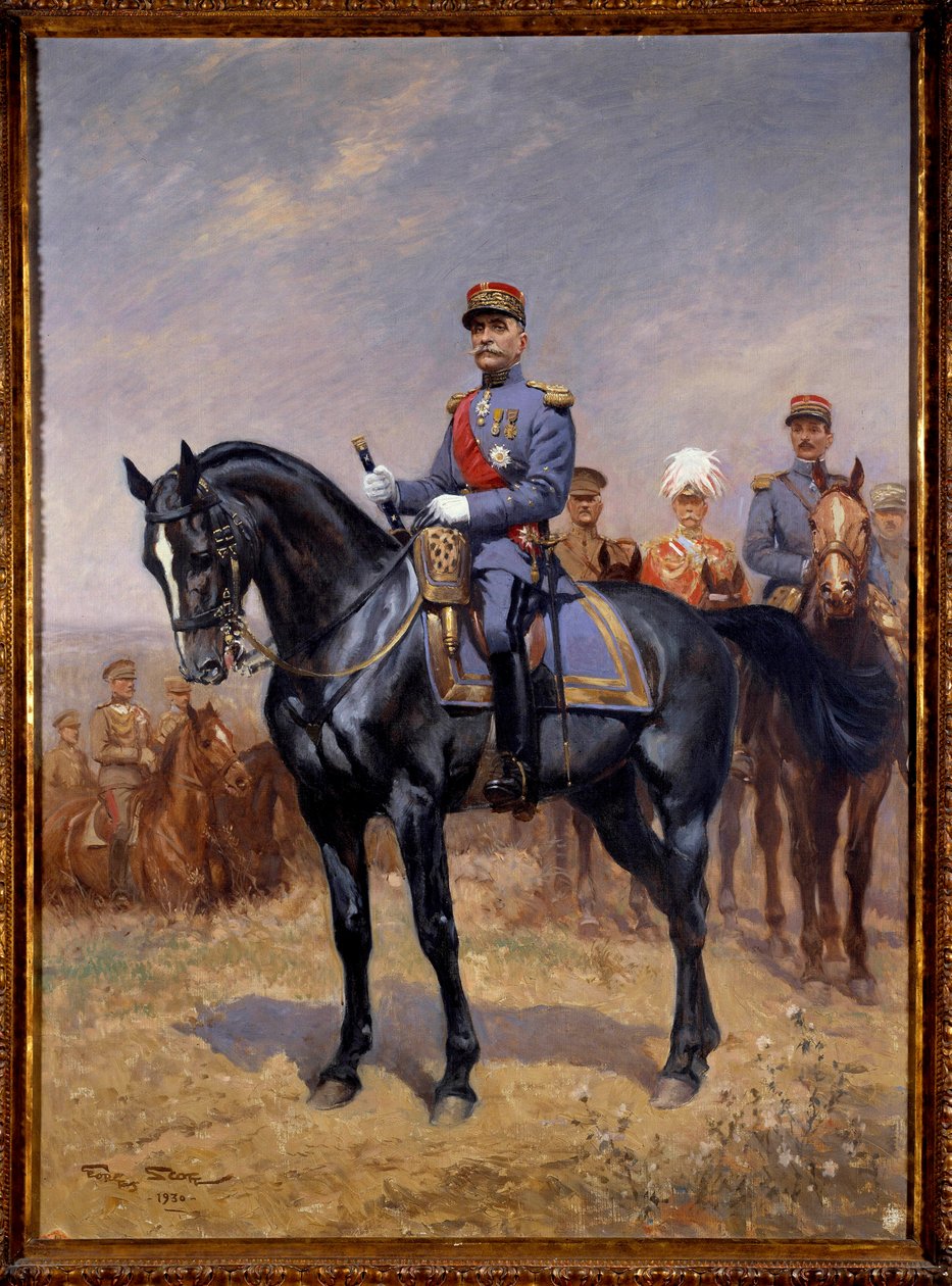 Första världskriget: "" Ridsporträtt av Ferdinand Foch (1851-1929) marechal of France"" Bakom honom, Douglas Haig, Armando Diaz och Maxime Weygang. Målning av Georges Bertin Scott (1873-1942) dit Scott de Plagnolles 1930 Sun. 1,25x0,92 m. Paris, Musée d av Georges Bertin Scott