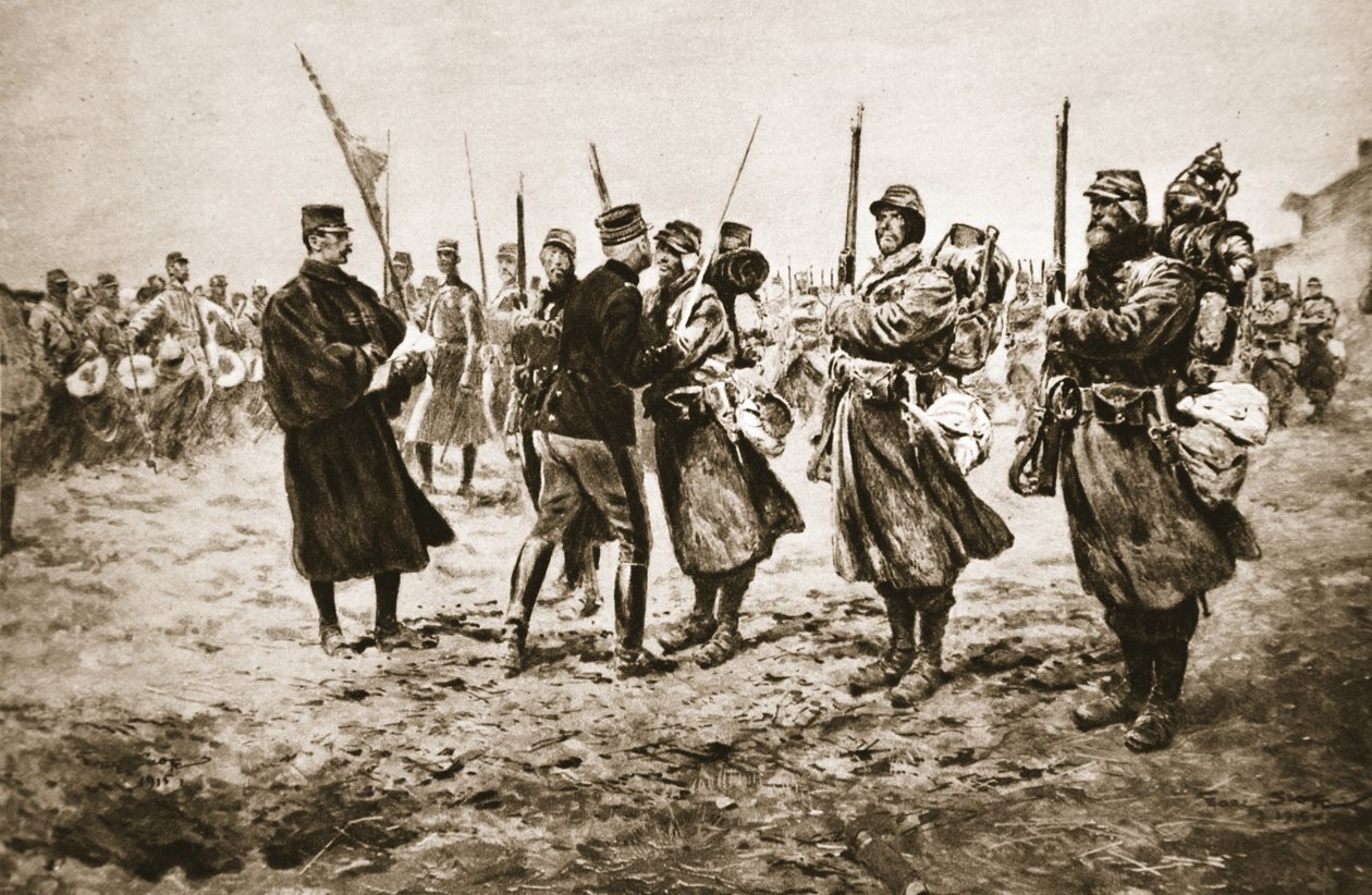 Att hedra de modiga i skottlinjen: en fransk general som ger utmärkelsen till män dekorerade med militärmedaljen, från "The Illustrated War News" av Georges Bertin Scott