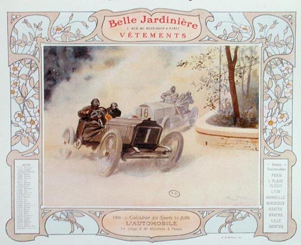 Motor Racing, illustration för juni från en kalender för klädbutiken "La Belle Jardiniere" av Georges Bertin Scott