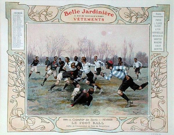 Rugby, illustration för februari från en kalender för klädbutiken "La Belle Jardiniere" av Georges Bertin Scott