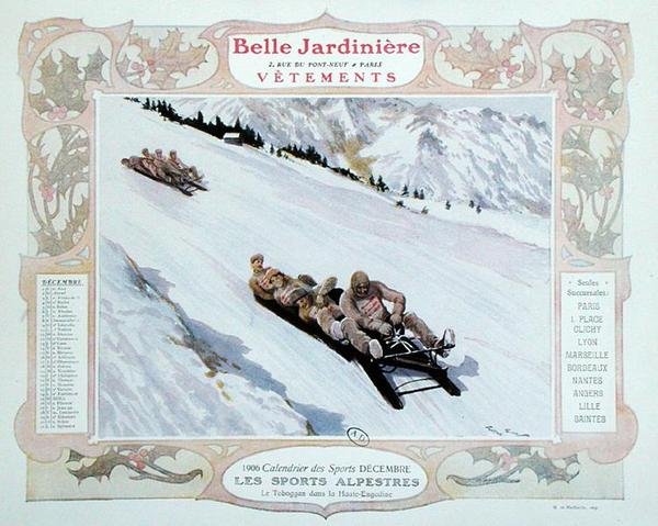 Kälkeåkning, illustration för december från en kalender för klädbutiken 