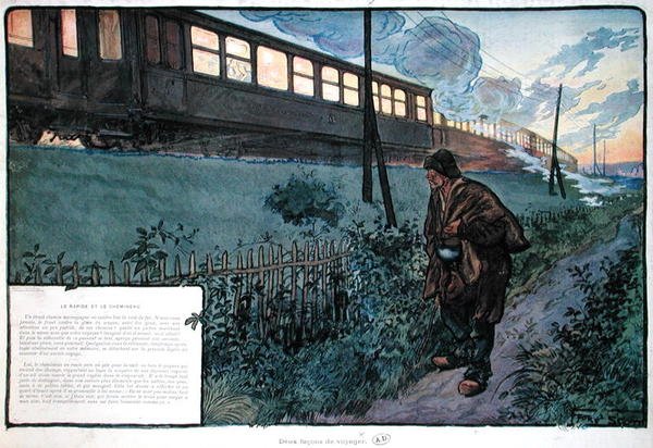 Två färdsätt, expresståget och luffaren, tidigt 1900-tal (färg litho) av Georges Bertin Scott