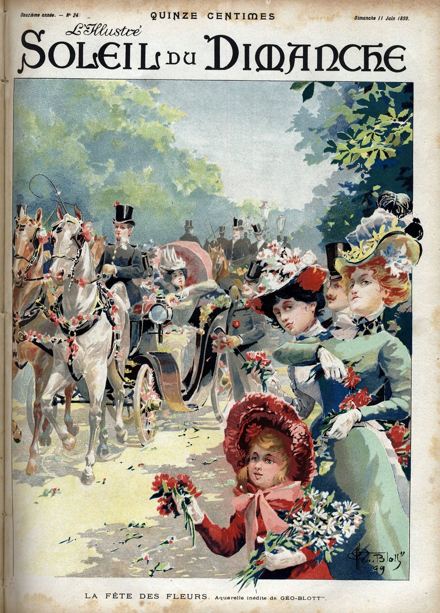Blomsterfest. Från en akvarell av Geo Blott. Gravyr i "" Le sun-du-dimanche"", 11 juni av Georges Blott