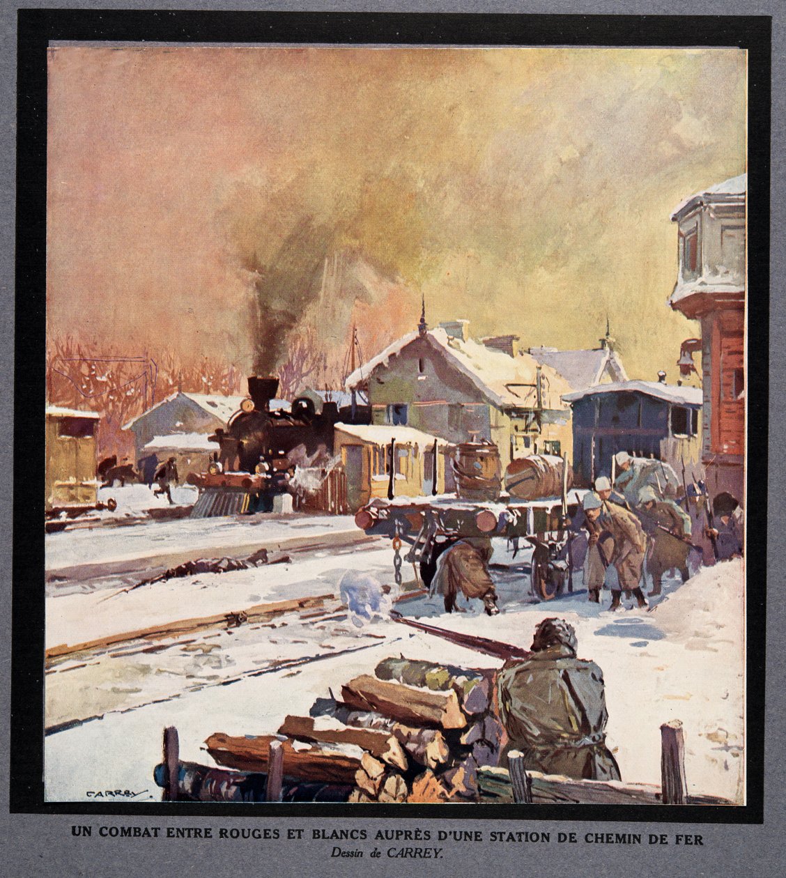 En strid mellan det röda och det vita gardet vid en järnvägsstation, ur Histoire des Soviets, pub. 1922 (färglitografi) av Georges Carrey