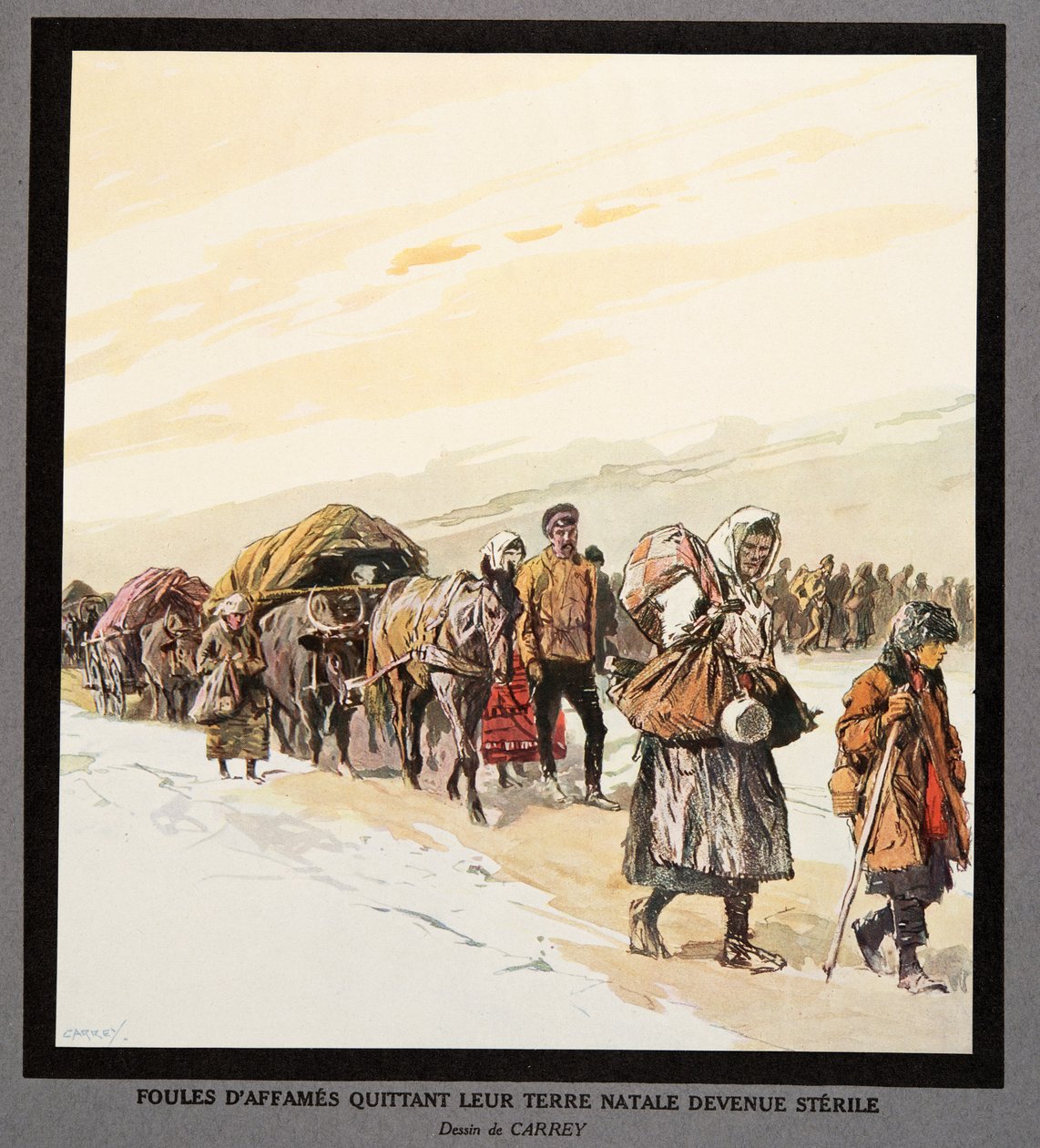 Hungriga människors utvandring från sitt hemland, ur Histoire des Soviets, publ. 1922 (färglitografi) av Georges Carrey