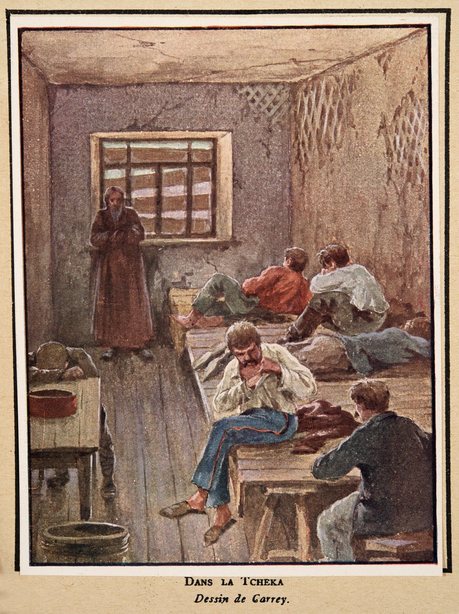 I tjekan; från Histoire des Soviets, pub. 1922 (färglitografi) av Georges Carrey