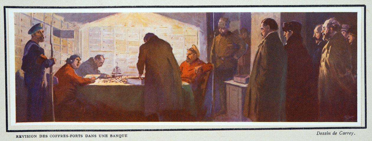 Inuti ett bankvalv under revolutionen, från Histoire des Soviets, pub. 1922 (färglitografi) av Georges Carrey