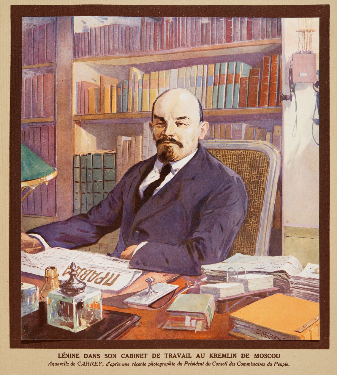 Lenin på sitt kontor i Kreml i Moskva, ur Histoire des Soviets, publ. 1922 (färglitografi) av Georges Carrey