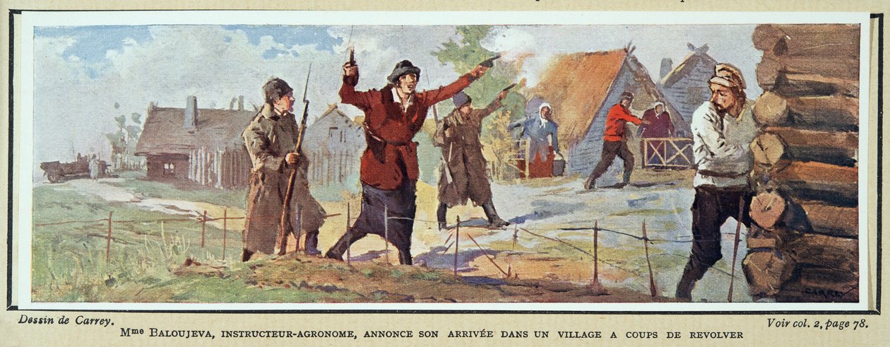 Agronomen Baloujeva meddelar sin ankomst till en by med en revolver, ur Histoire des Soviets, publ. 1922 (färglitografi) av Georges Carrey