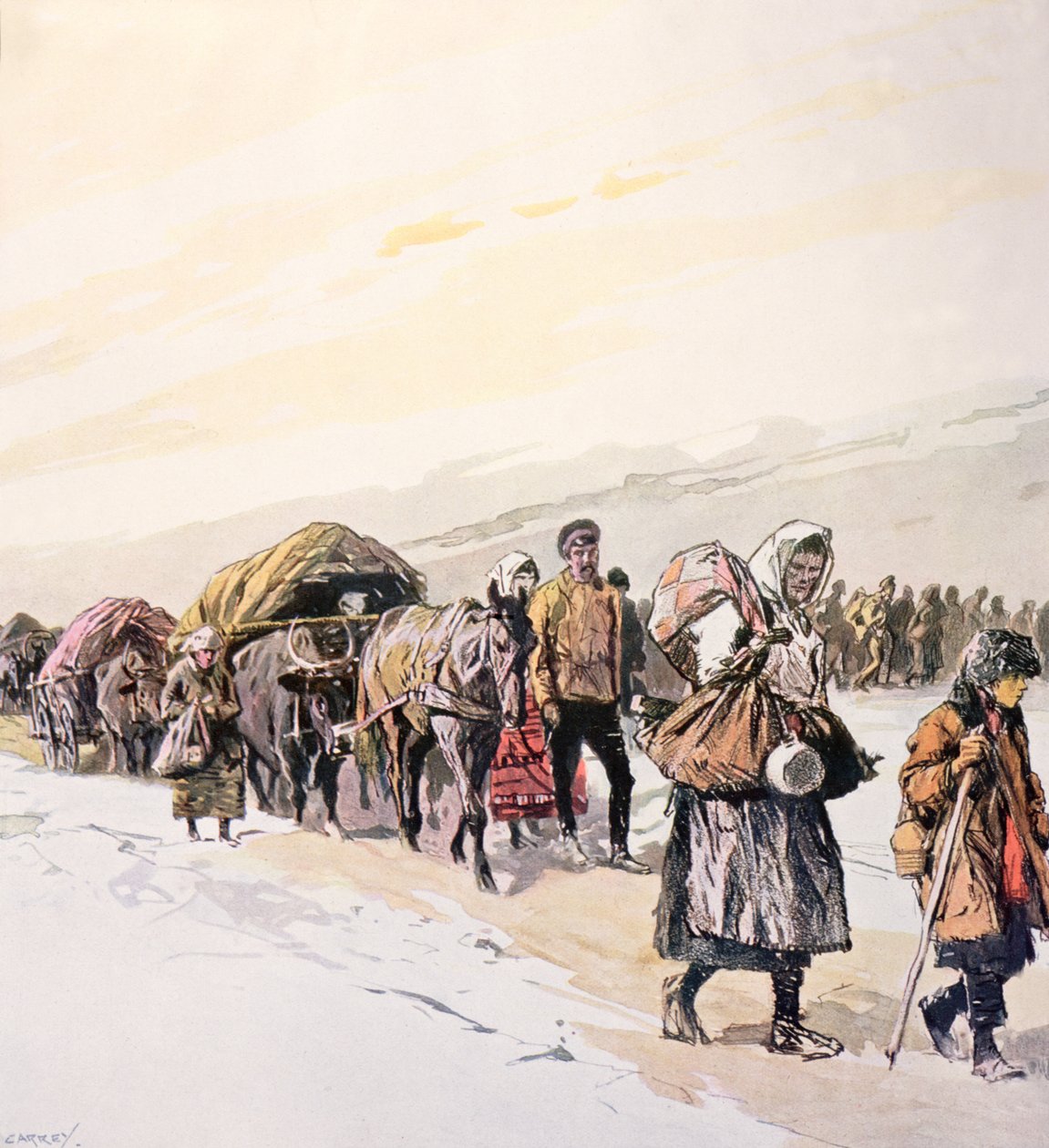 Svältande folkmassor lämnar sitt hemland, ca 1924 (färglitografi) av Georges Carrey