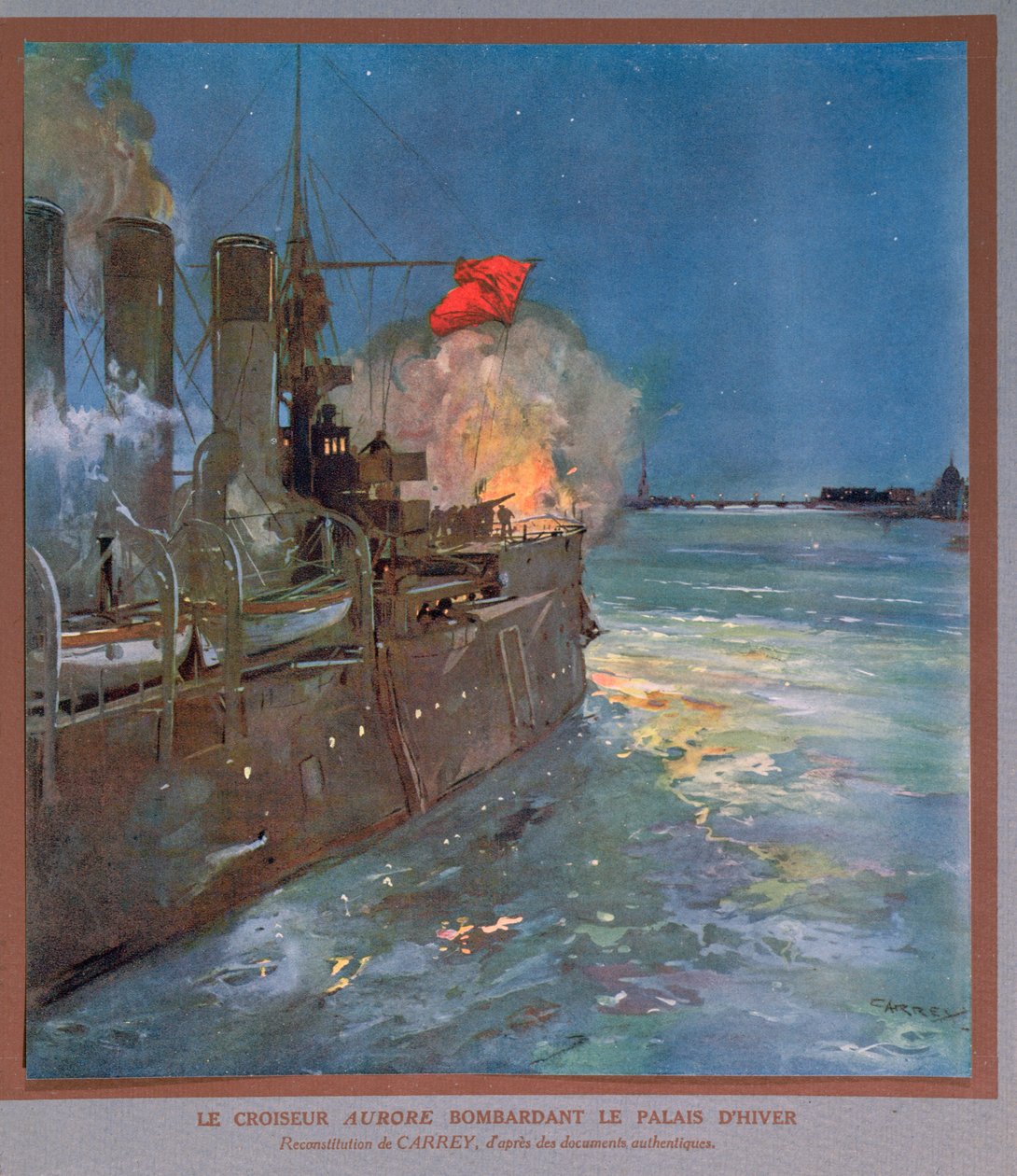 Kryssaren Aurora bombarderar Vinterpalatset, ca 1923-24 (färglitografi) av Georges Carrey