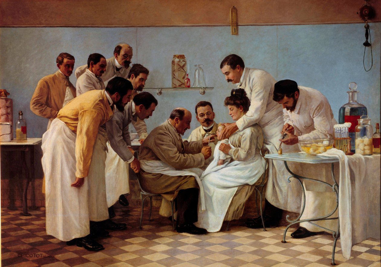 Medicin: "" Höljet""" Insättning av en slang har ett difteriskt barn. Målning av Georges Chicotot (aktiv mellan 1899 och 1907). 1900-talets sön. 1,3x1,8 m Musee de l