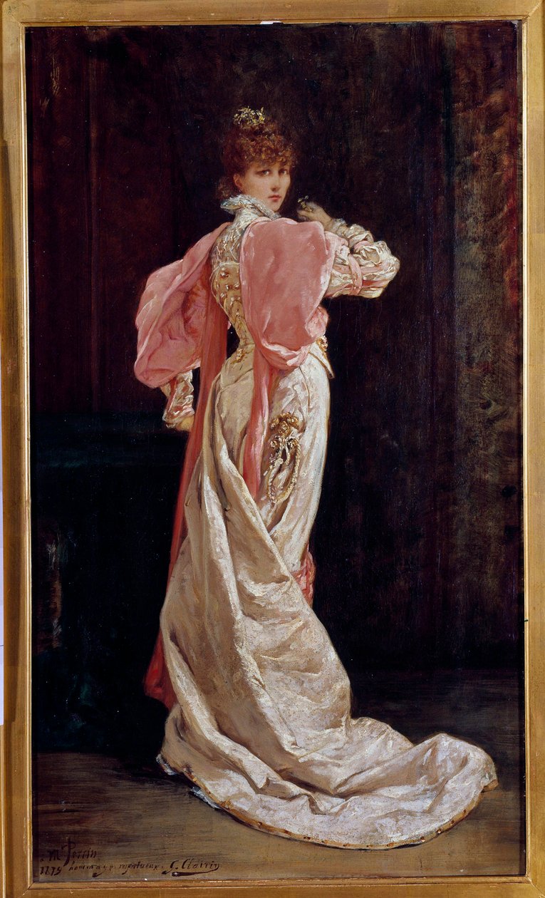 Hellängdsporträtt av den franska skådespelerskan Henriette Rosine Bernard känd som Sarah Bernhardt (1844-1923) Målning av Georges Jules Victor Clairin (1843 - 1919). 1800-talet. Paris, fransk komedi av Georges Clairin