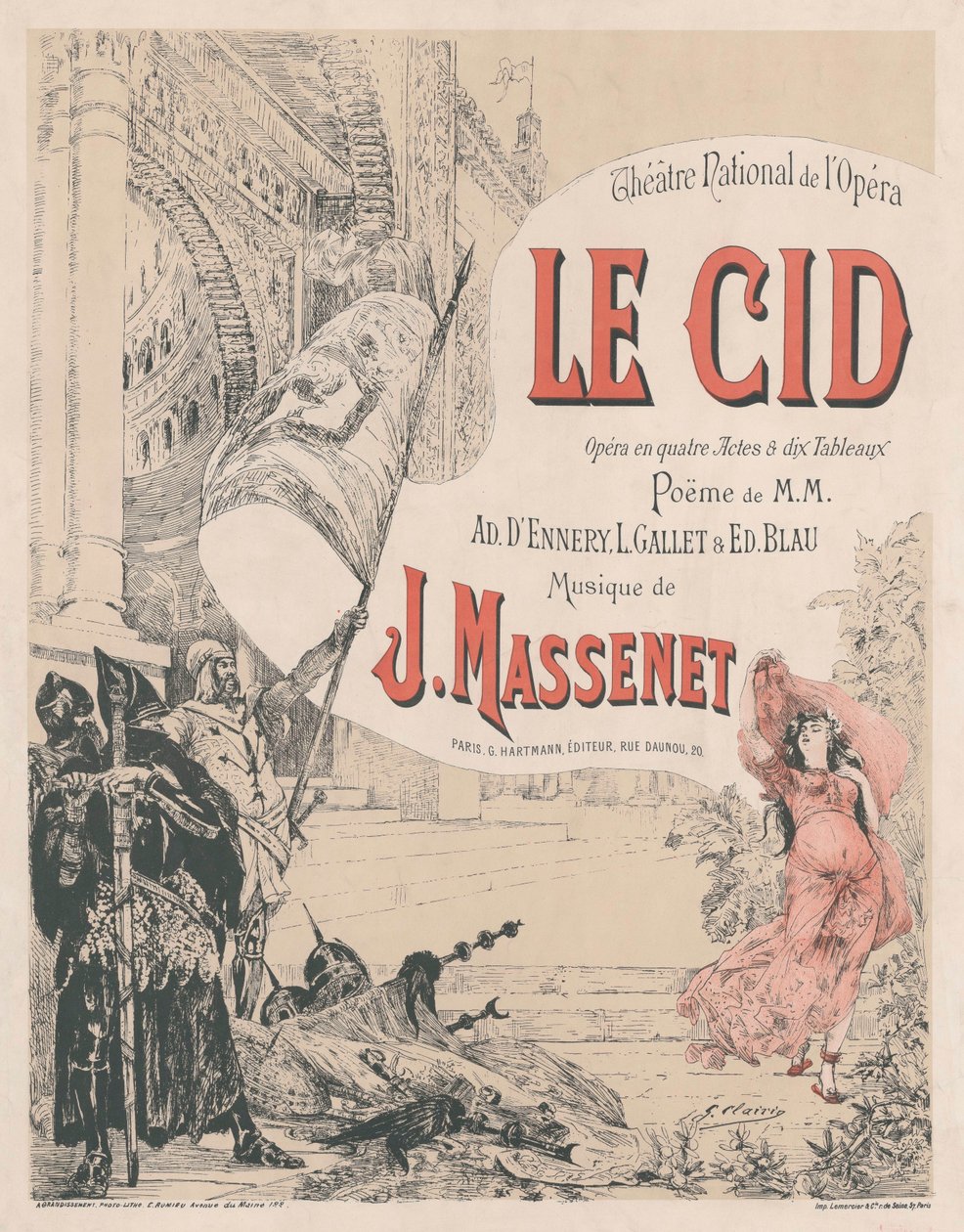 Affisch för premiären av Opera Le Cid av Jules Massenet, 1885. av Georges Clairin