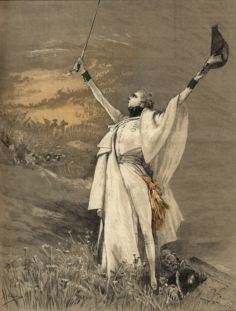 Skådespelerskan Henriette Rosine Bernard kallade Sarah Bernhardt (1844-1923) i rollen som hertigen av Reichstadt (son till kejsar Napoleon I (1769-1821) - "" Aiglon"", gravyr av Georges Jules Victor Clairin (1843 - 1919) ) från 1900. av Georges Clairin