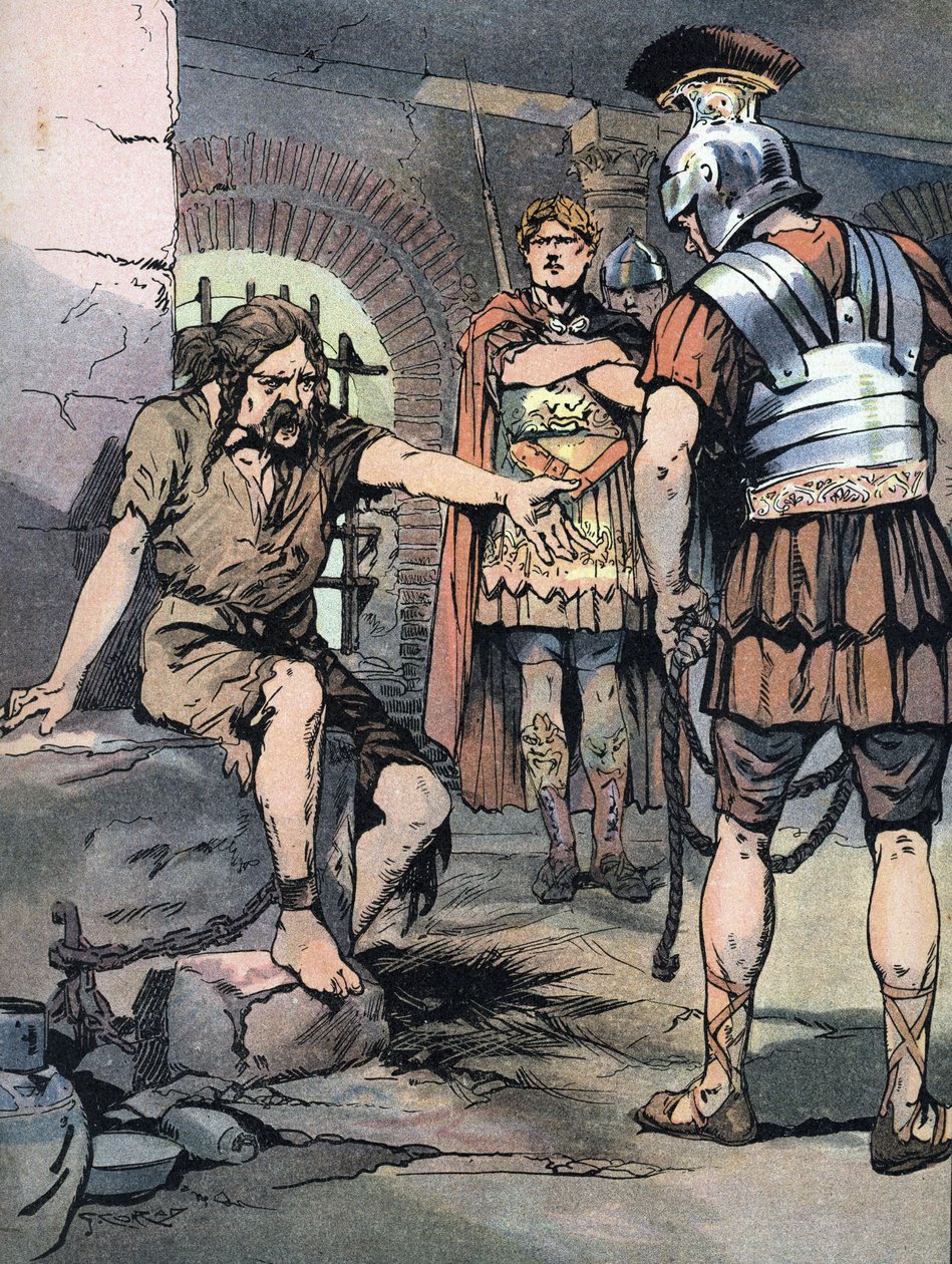 Gallienkriget: "" Den galliska krigaren Vercingetorix fånge i Jules Cesars romerska vapen i fängelserna i Tullianum, 46 f.Kr." (Galliska krig: Vercingetorixfången i Mamertine-fängelset i Rom efter hans nederlag mot Julius Caesar, 46 f.Kr.) Illustration av av Georges Conrad