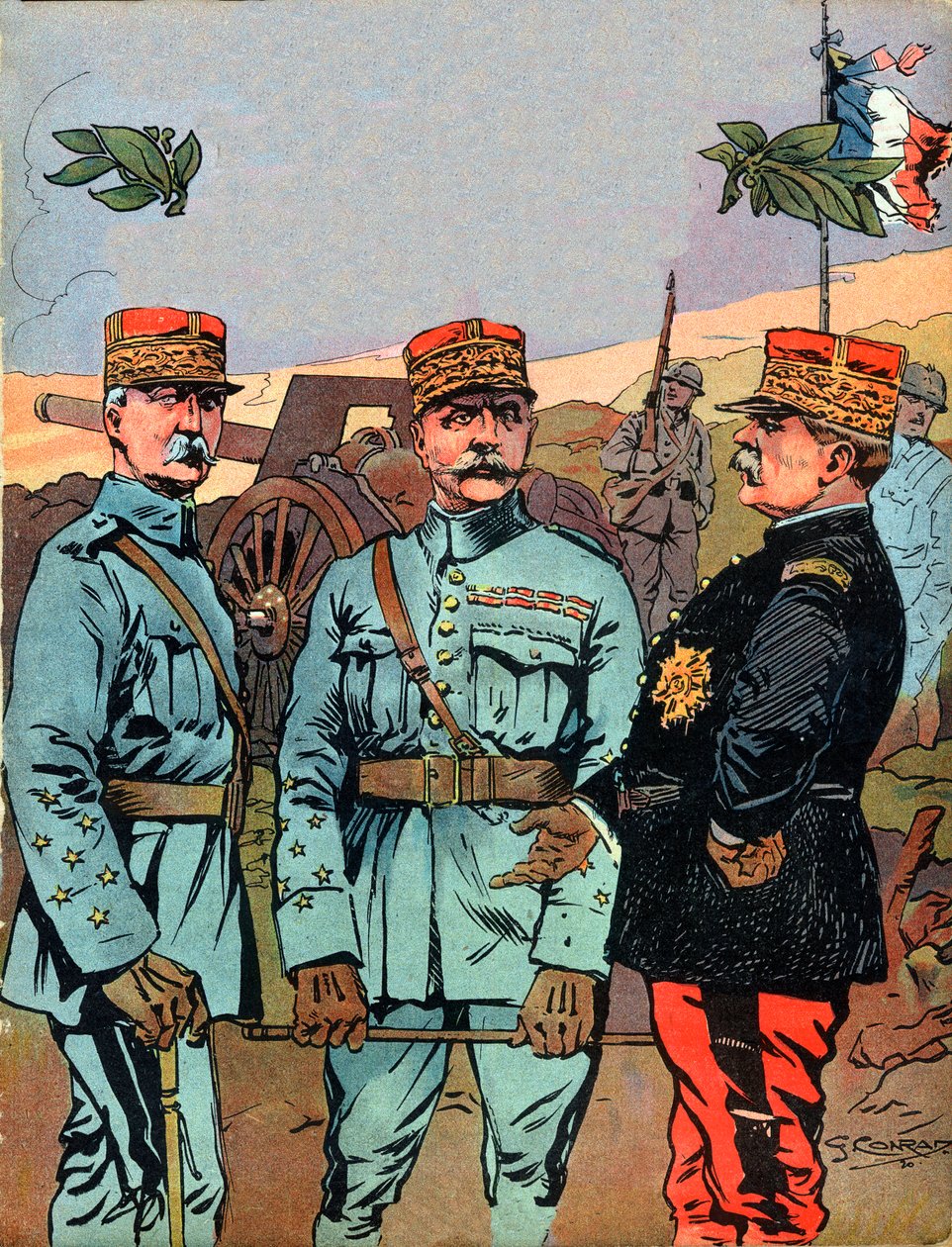 Marechal Joseph Jacques Cesaire Joffre (1852-1931), Marechal Ferdinand Foch (1851-1929) och Marechal Philippe Petain (1856-1951), Frankrikes stora befriare under första världskriget - Illustration av Georges Conrad (1874-1936) tagen från "" Nos-Gires av Georges Conrad