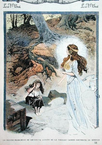 Den lilla prinsessan befinner sig framför den gamla kistan, illustration från en barnberättelse i tidningen "Mon Journal" av Georges Conrad