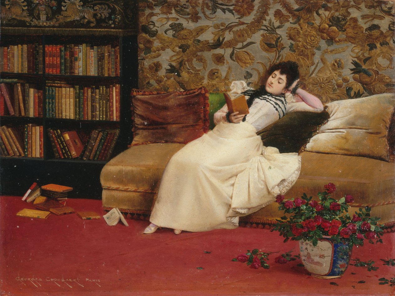 Reading, ca 1890 (olja på duk) av Georges Croegaert