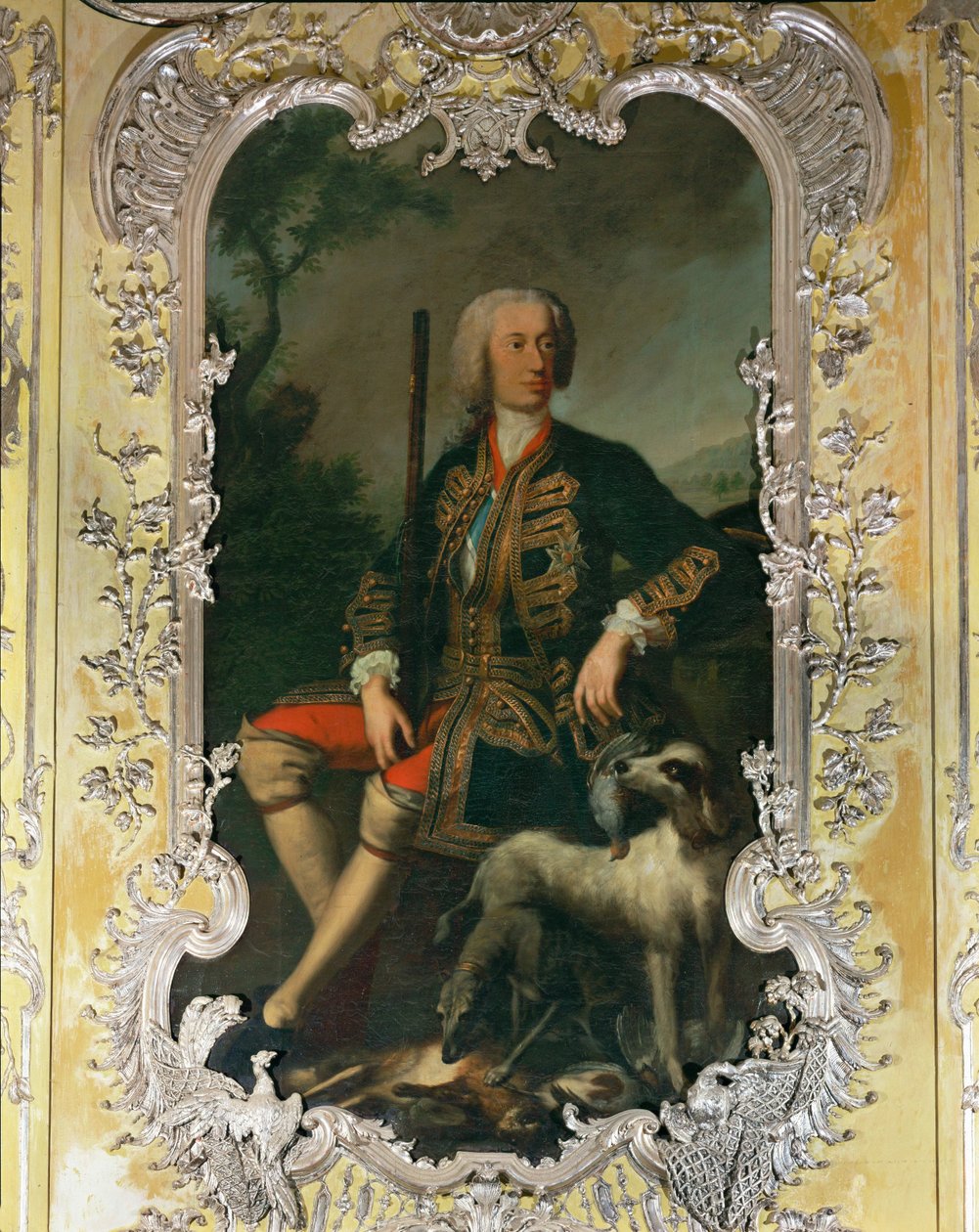 Porträtt av kurfursten Carl Albrecht i det gula sovrummet på slottet Amalienburg i Nymphenburgs ägor... av Georges Desmarées