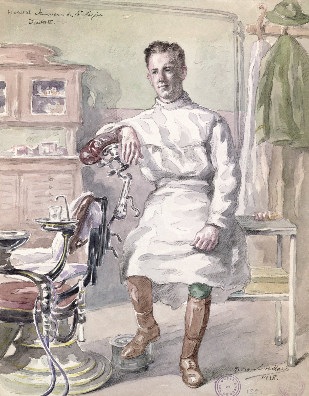 Militärtandläkare vid American Hospital of St. Nazaire, 1918 (wc på papper) av Georges Eveillard