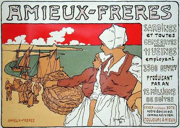 Reproduktion av en affisch som annonserar "Amieux-Freres", producenter av sardiner och alla konserver av Georges Fay