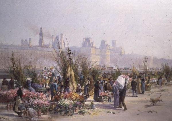 Blomstermarknad vid Seine av Georges Fraipont
