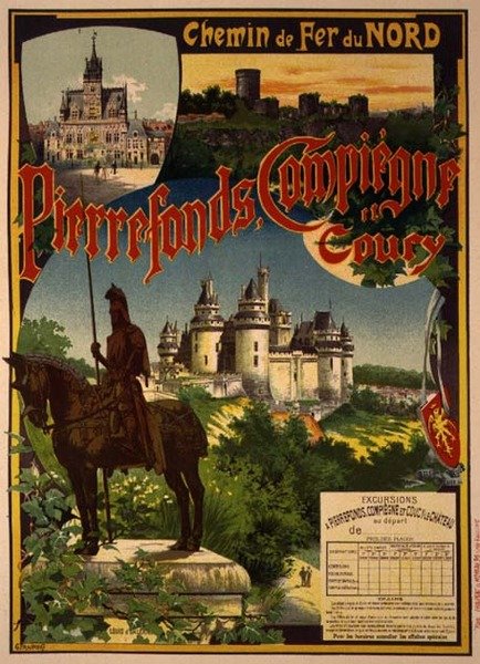Reproduktion av en affisch som annonserar Northern Railway Excursions till Pierrefonds, Compiegne och Coucy (litho) av Georges Fraipont