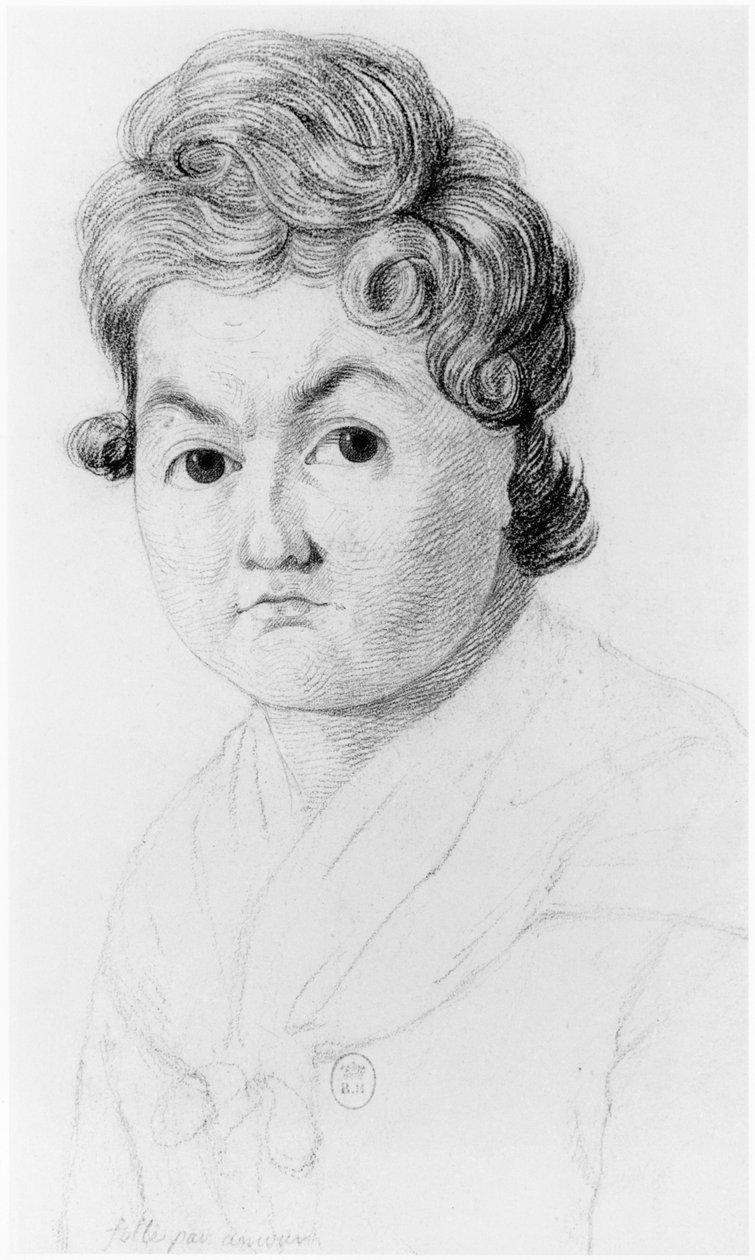 Galen kvinna för kärlek, illustration från en opublicerad avhandling av Jean Etienne Dominique Esquirol (1772-1840) om galningarna på asylanstalten Salpetriere, ca 1818 av Georges Francois Gabriel