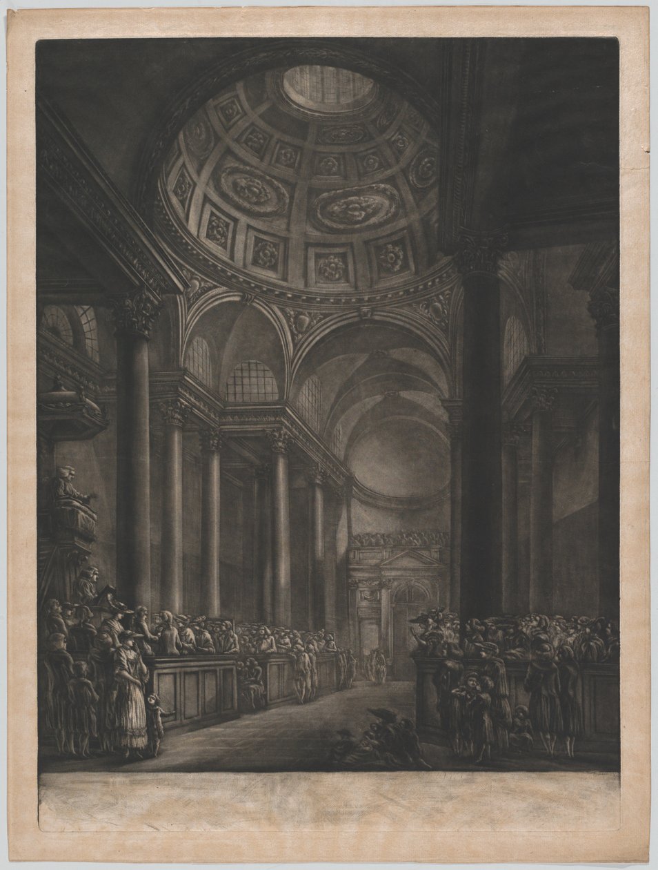 En vy av insidan av St. Stephens Walbrook, gjord från teckningen i hans Majestät ..., ca. 1767. av Georges François Blondel