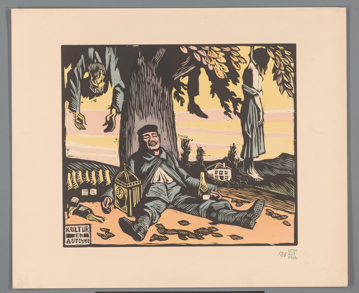 Soldat liggande mot ett träd med hängda människor Kultur en automne (titel på objekt) av Georges Hermann Rene Paul