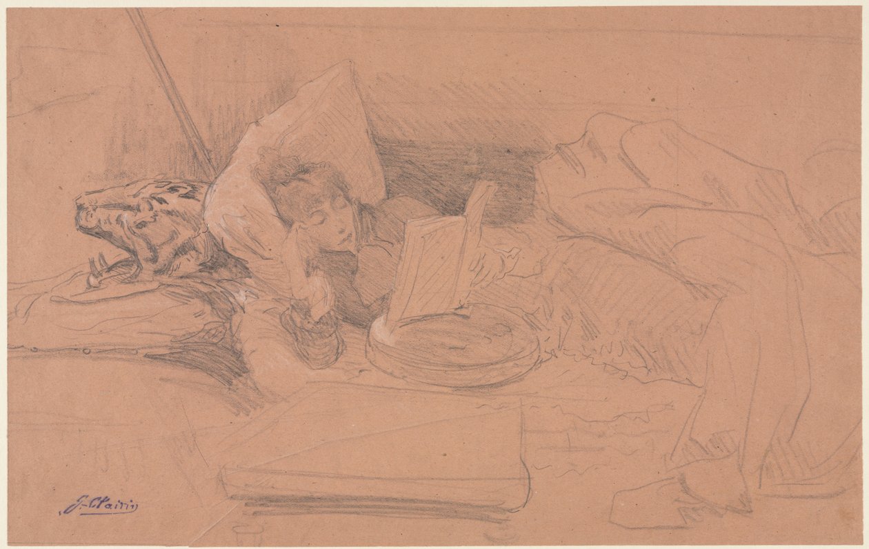 Sarah Bernhardt lutar på en divan, läser av Georges Jules Victor Clairin