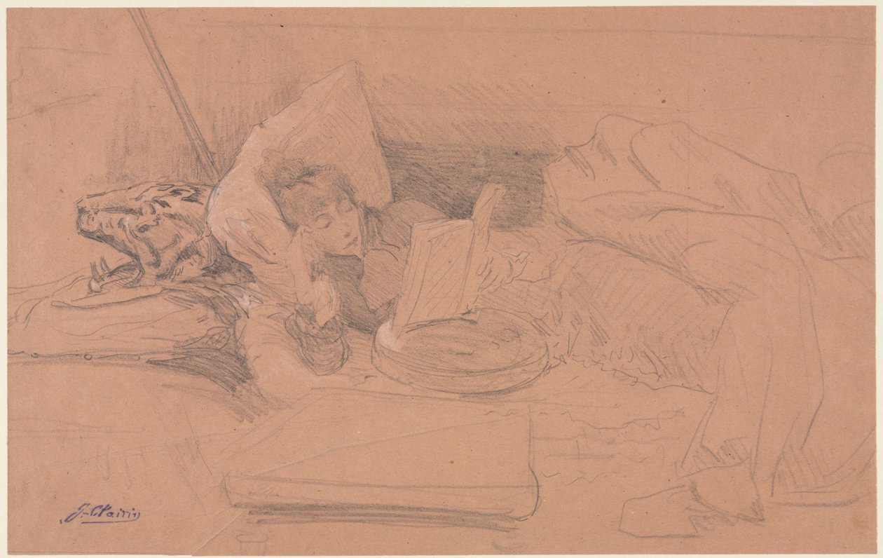 Sarah Bernhardt liggande på en divan, läsning, ca. 1885-1890. av Georges Jules Victor Clairin
