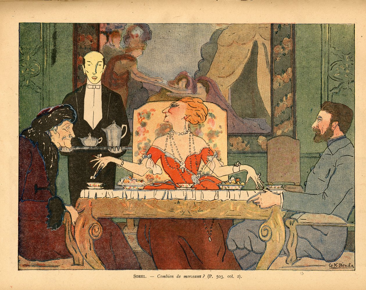 Hur många klumpar (Cecile Sorel och hennes gäster, en arméveteran och Voltaire) av Georges Kugelmann Benda