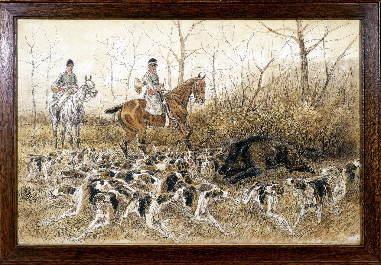 Förpackning med hundar runt ett vildsvin i jakt - teckning av Georges La Roque, cirka 1900 av Georges La Roque