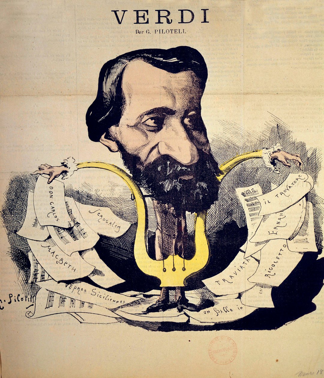 Tecknad av kompositören Giuseppe Verdi (1813-1901) av Pilotell (1845-1918) mars 1869. National Conservatory of Music, Paris av Georges Labadie Pilotell