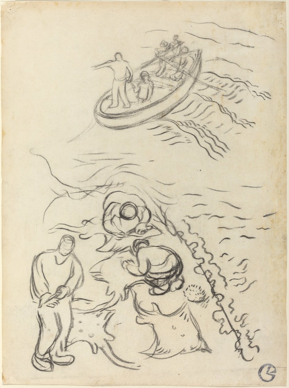 Studie för "The Fishermen" med män som tömmer näten av Georges Lacombe