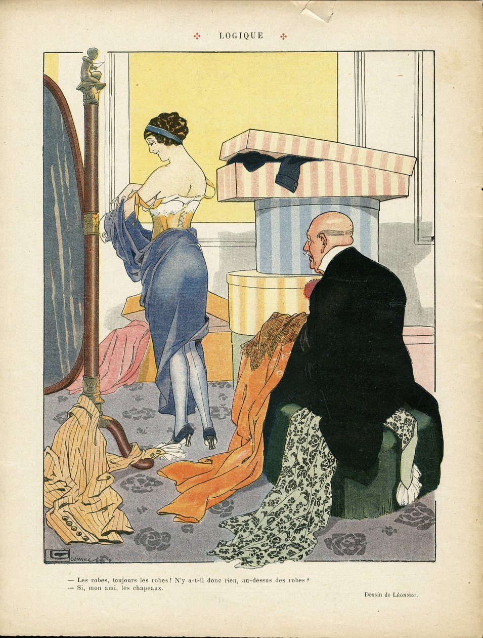 Illustration av Georges Leonnec (1881-1940) i Le Lire, 06/07/12 - Logik - Mode, Hatt, Intern arkitektur, De rikas liv - Kvinnor av Georges Leonnec